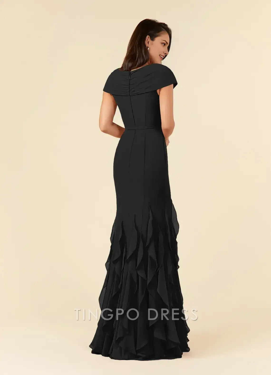 TingPo Wholesale Elegant V - Neck Mermaid Gown with Cap Sleeves Ruched Bodice and Ruffled Hem for Formal Occasions